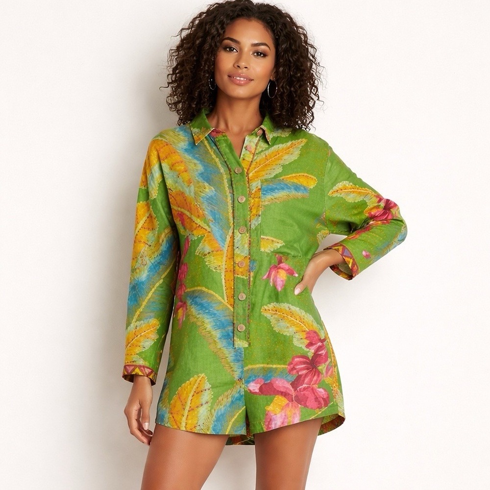 FARM Rio 100% Linen Romper Size S Long Sleeve Button Up Banana Leaves Green
